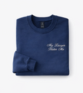 Folded navy blue sweatshirt with 'My Lawyer Hates Me' text on a white background